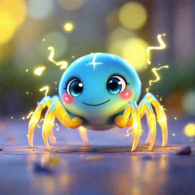 The primary subject of the image is a cartoon-like spider with a blue body and yellow legs. The spider is smiling and appears to be happy. The setting is a dark room with a yellow background, which adds a contrasting effect to the image. The visual style is digital art, as the spider is depicted in a stylized manner. The colors and mood of the image are bright and cheerful, with the blue and yellow colors creating a lively atmosphere.